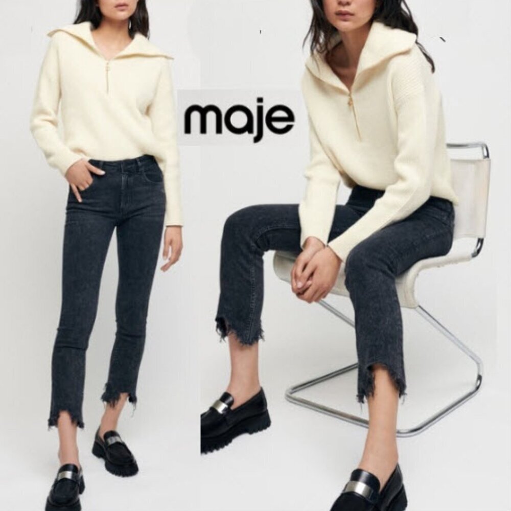 Maje Straight Leg Jeans with Ripped Hems, Size US 6 High-Waisted Anthracite Grey